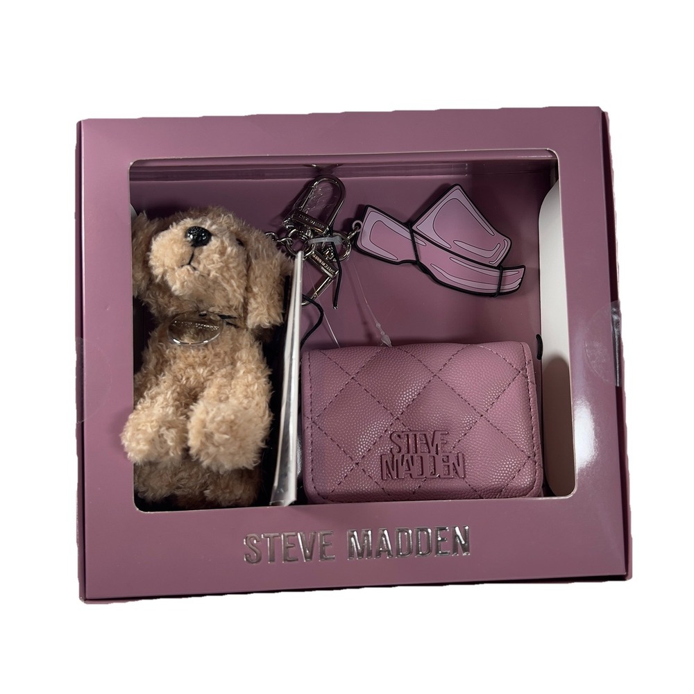Steve Madden Bwren Card Case And Bag Charms‎ Dog Gift Set Cosmetic Pink Quilted - Picture 2 of 9